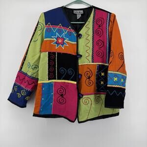 VTG Indigo Moon Womens Patchwork Jacket Small Retro Avant Garde Art to Wear Boho